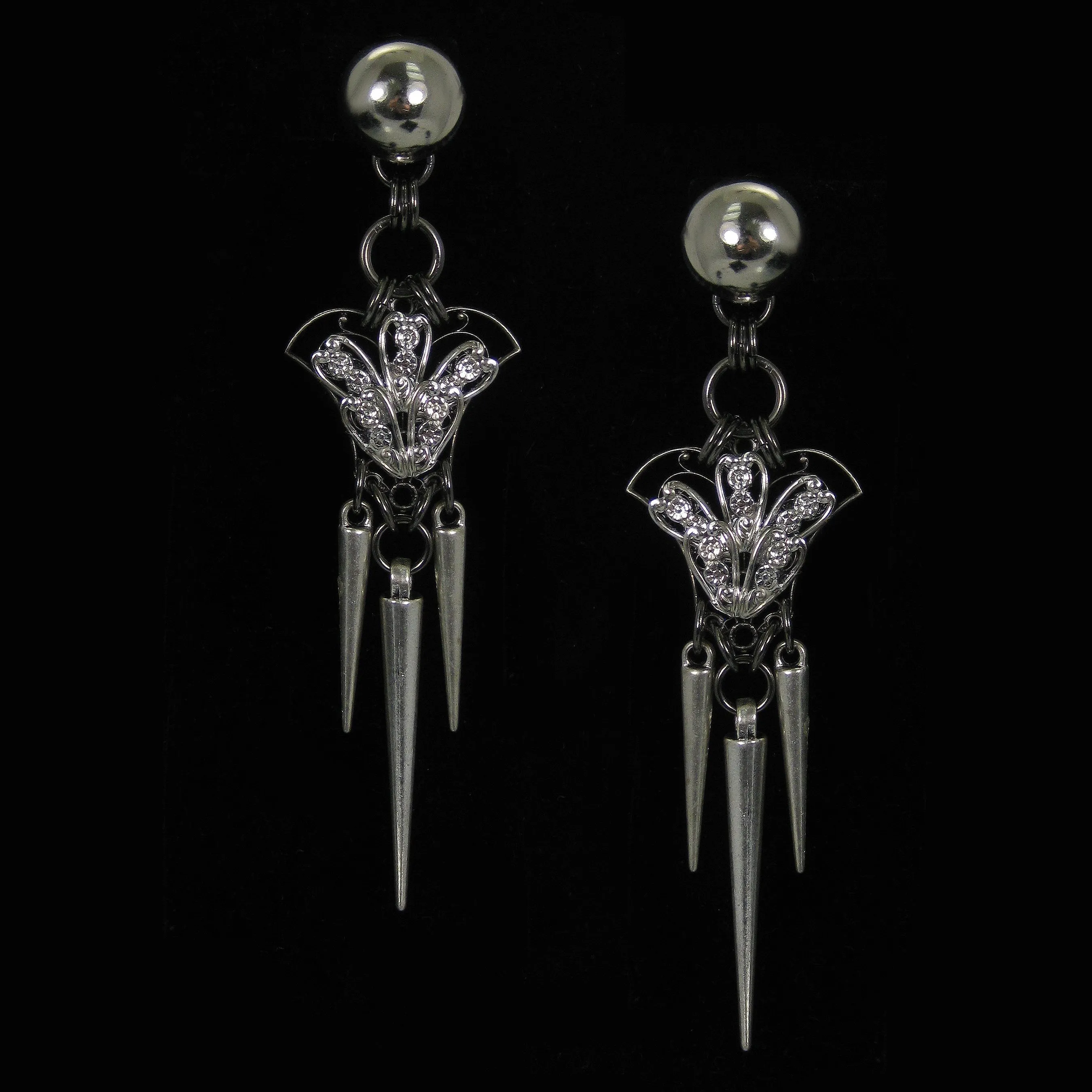 #1092e Silver Tone Filigree With Spikes Long Drop Earrings