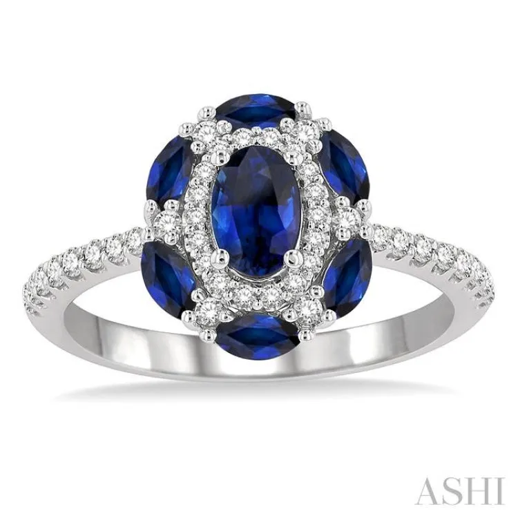 1/3 Ctw Oval 6x4 MM & Marquise 4X2 MM Sapphire and Round Cut Diamond Precious Ring in 14K White Gold