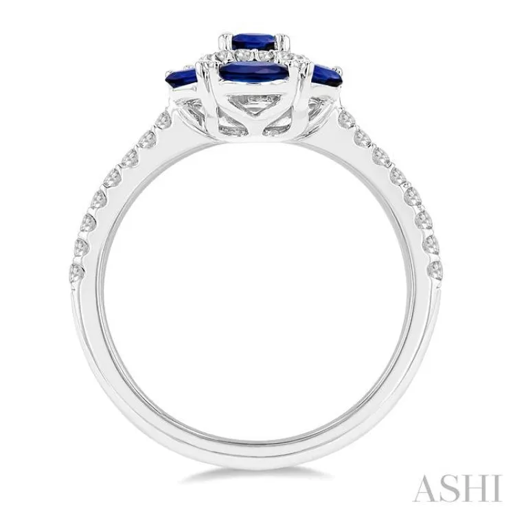 1/3 Ctw Oval 6x4 MM & Marquise 4X2 MM Sapphire and Round Cut Diamond Precious Ring in 14K White Gold