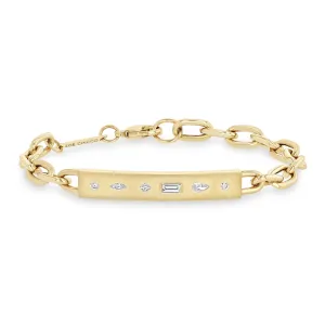 14k Diamond Mosaic Brushed Gold Horizontal ID Bar Bracelet