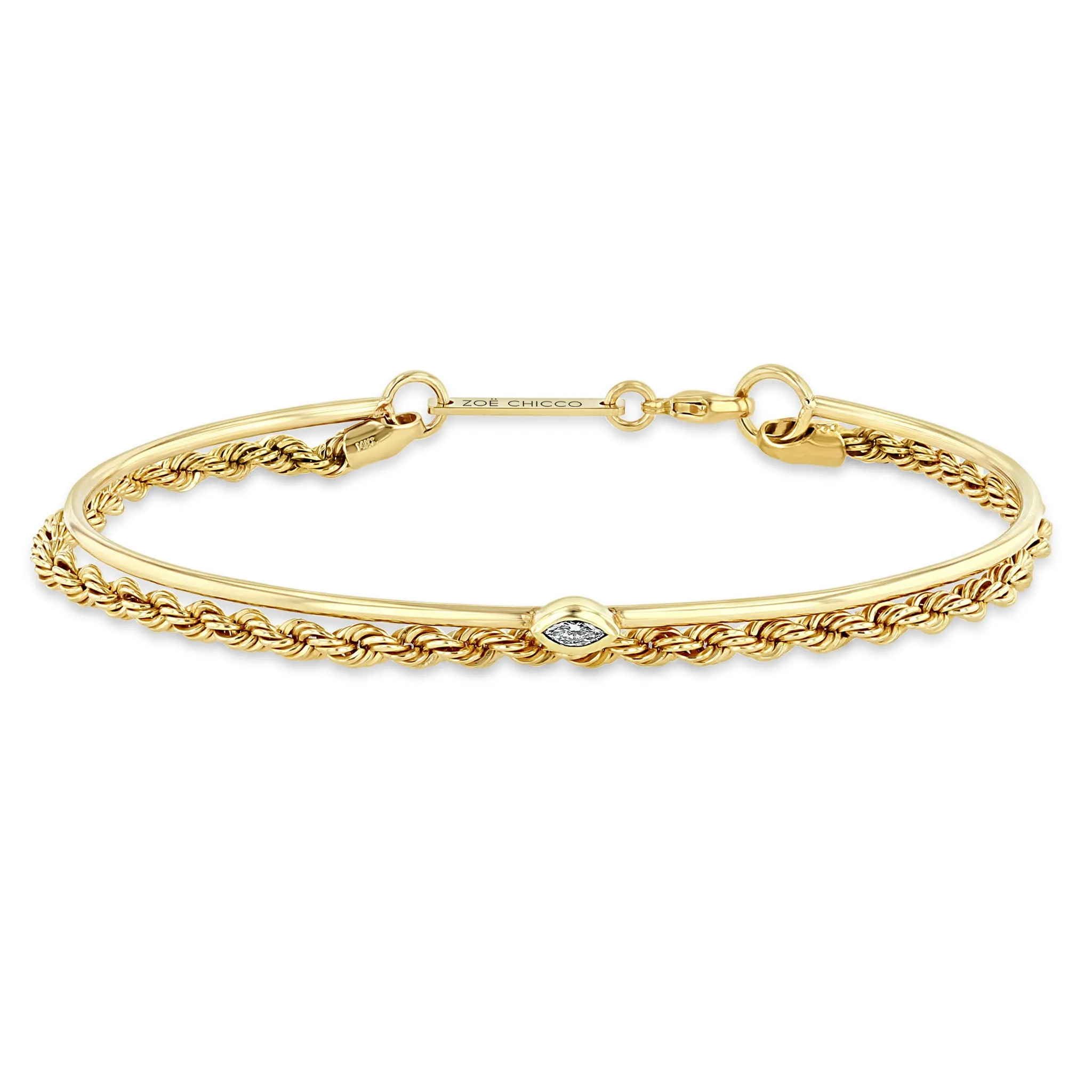 14k Marquise Diamond Cuff & Medium Rope Chain Double Bracelet