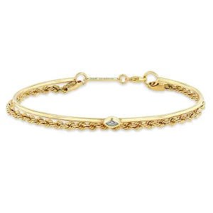 14k Marquise Diamond Cuff & Medium Rope Chain Double Bracelet