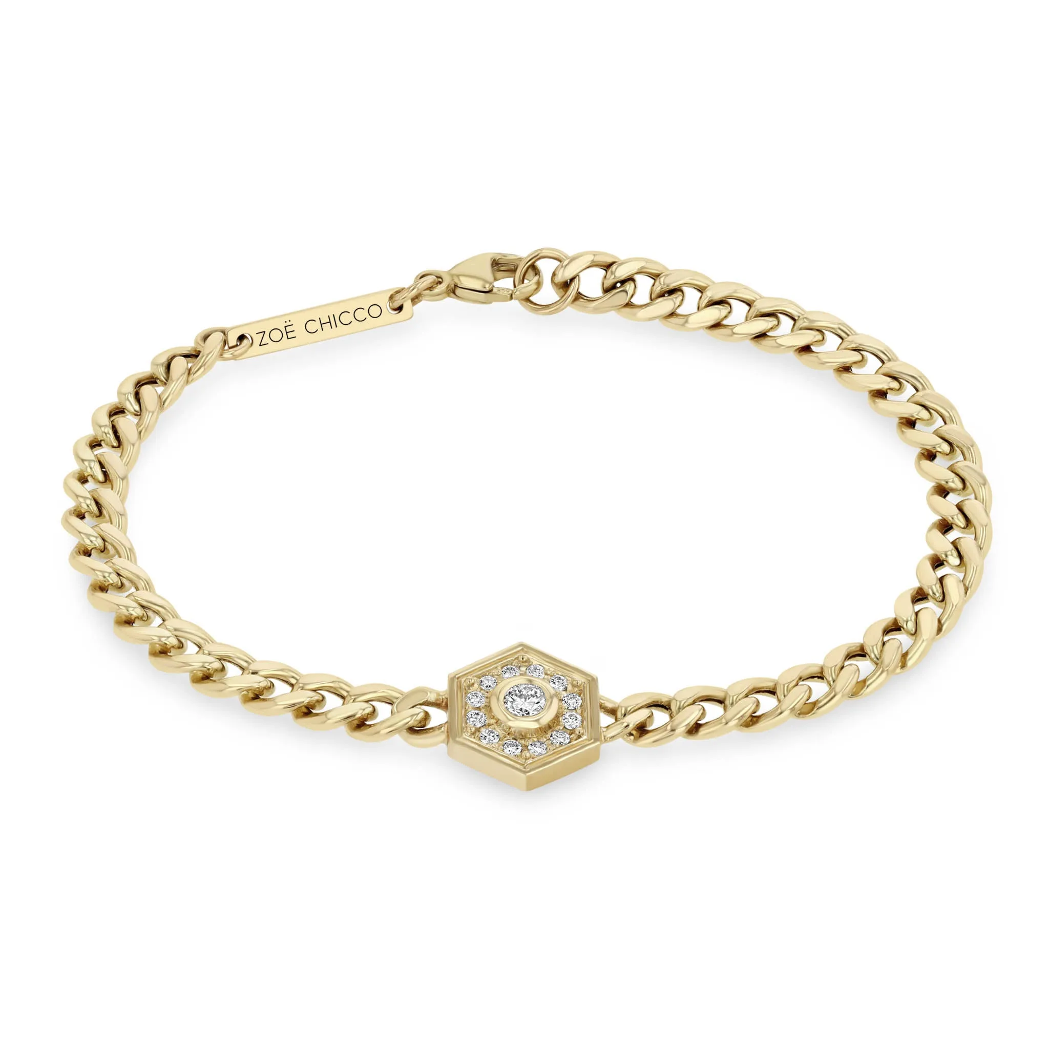 14k Medium Curb Chain Diamond Hexagon Halo Bracelet