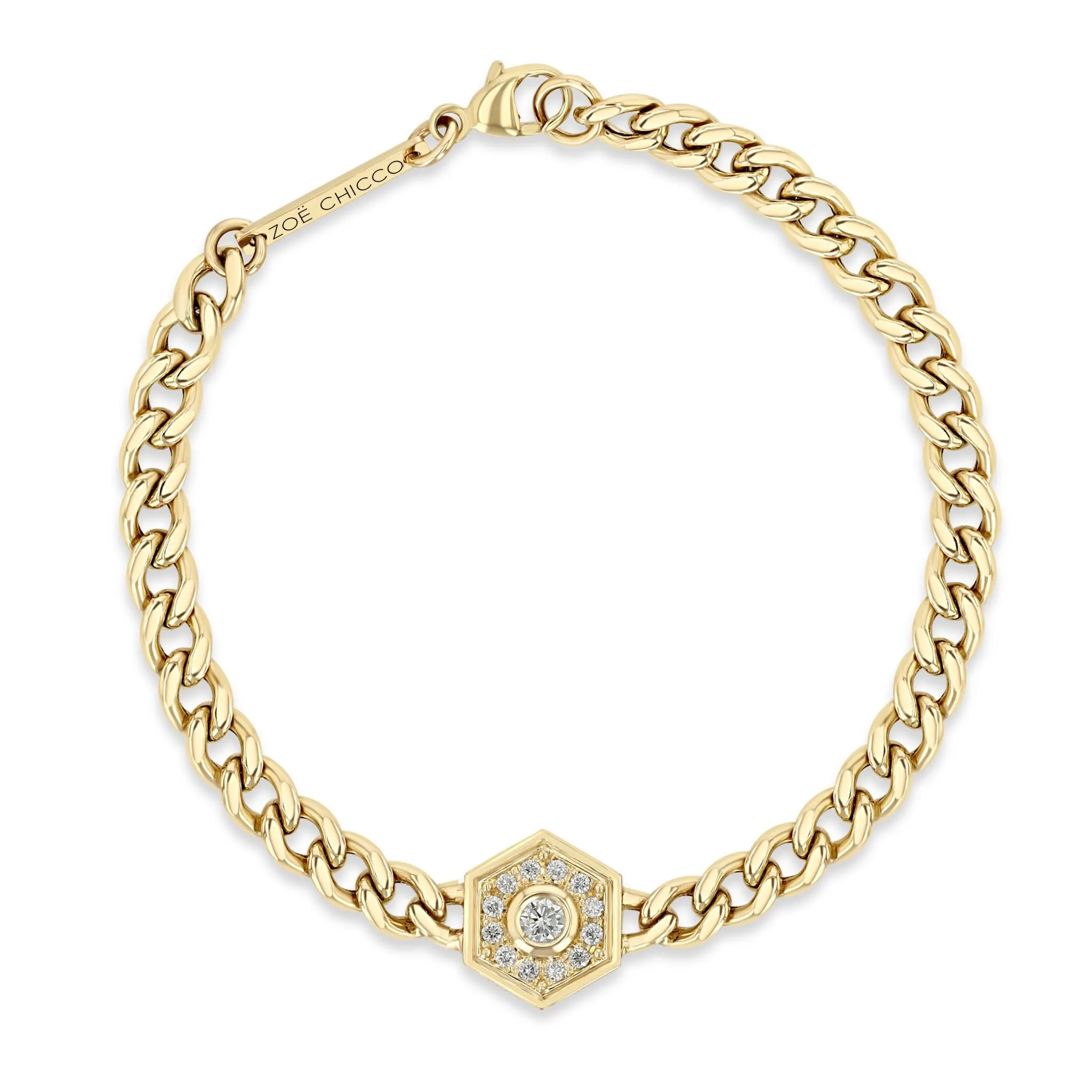 14k Medium Curb Chain Diamond Hexagon Halo Bracelet