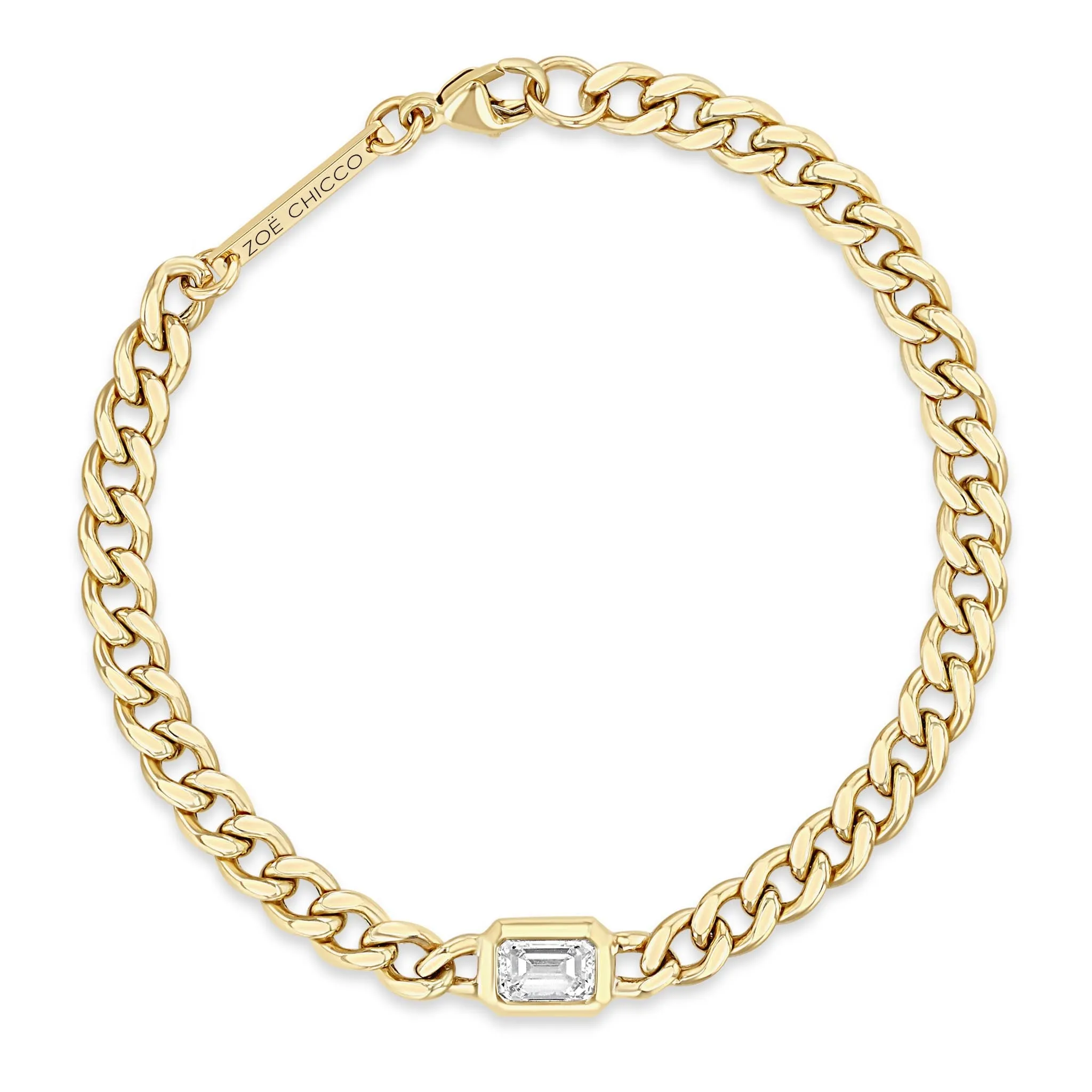 14k Medium Curb Chain Emerald Cut Diamond Bracelet