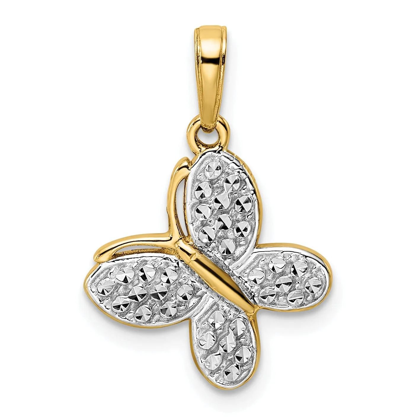 14k Yellow Gold and White Rhodium Flat Back Casted Solid Polished Finish Diamond-cut Fancy Butterfly Charm Pendant