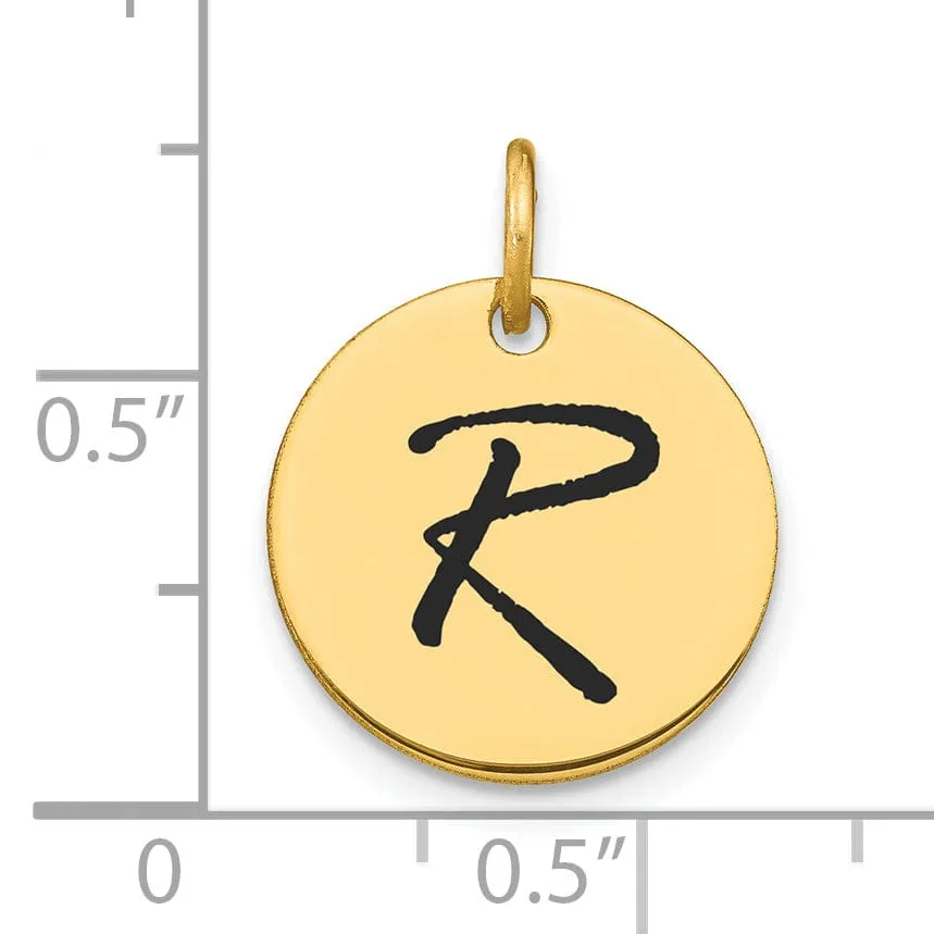 14k Yellow Gold Polished Black Epoxy Finish Letter R Initial Disk Shape Charm Pendant