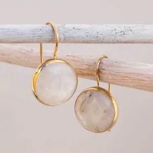 14K Yellow Gold Round White Moonstone 12mm Dangle Earrings