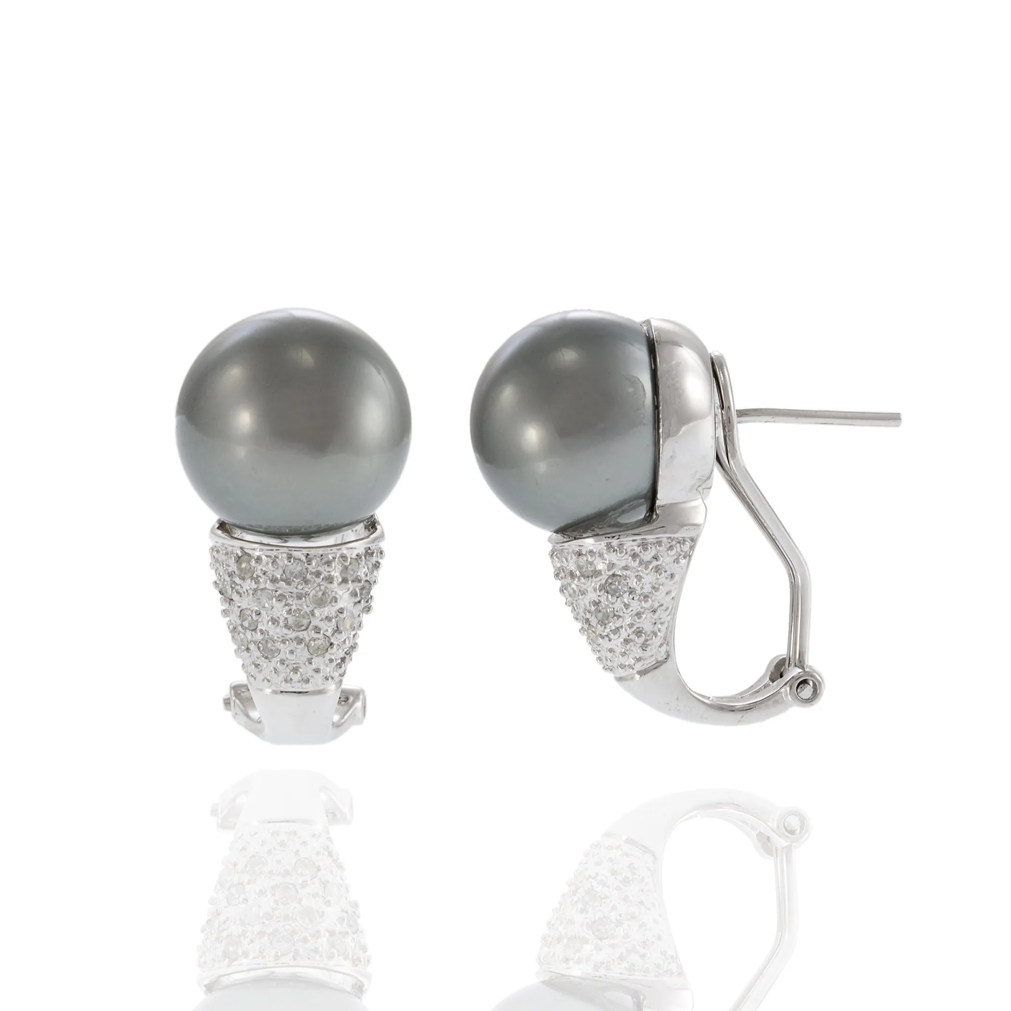 14KT White Gold Tahitian South Sea Pearl and Diamond Huggie Earrings