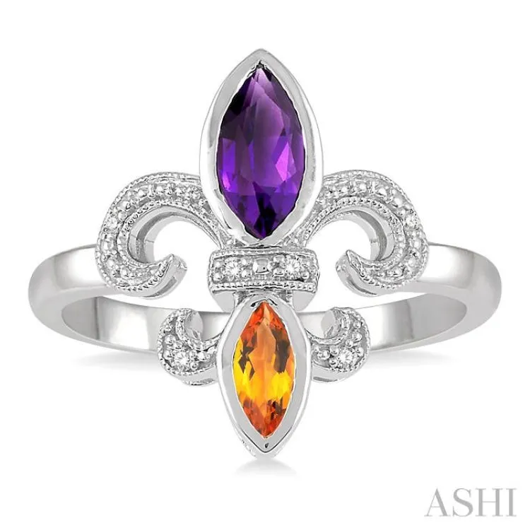 1/50 ctw Marquise Cut 8x4MM Amethyst & 6X3MM Citrine Round Cut Diamond Fleur De Lis Ring in Silver