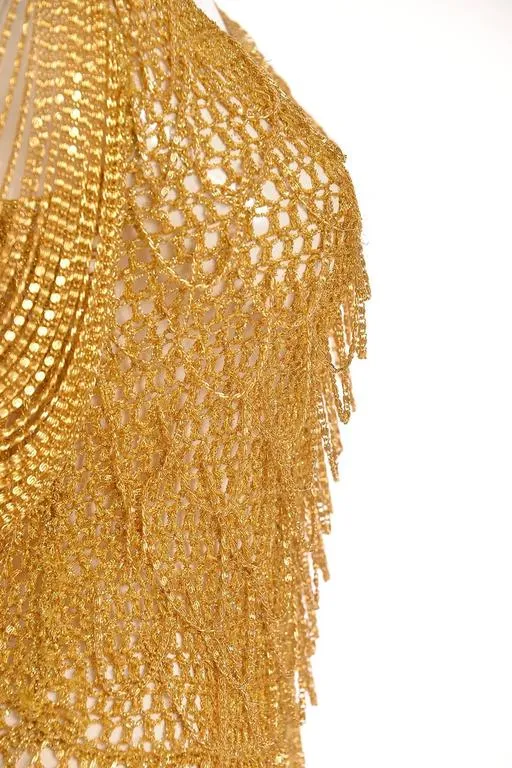 1970s Loris Azzaro Gold Beaded Knit Body Jewelry Sweater Blouse