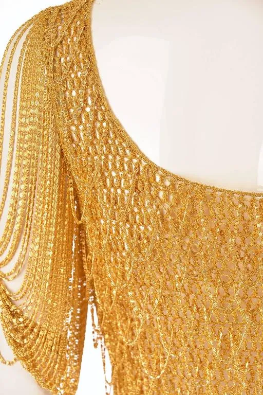 1970s Loris Azzaro Gold Beaded Knit Body Jewelry Sweater Blouse