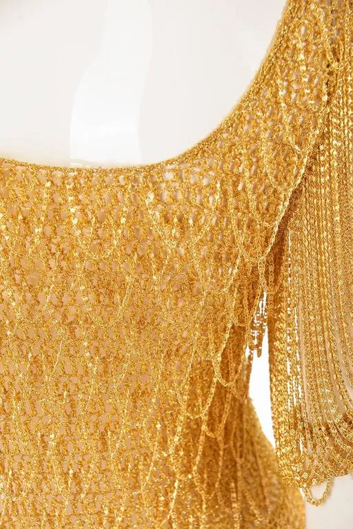 1970s Loris Azzaro Gold Beaded Knit Body Jewelry Sweater Blouse