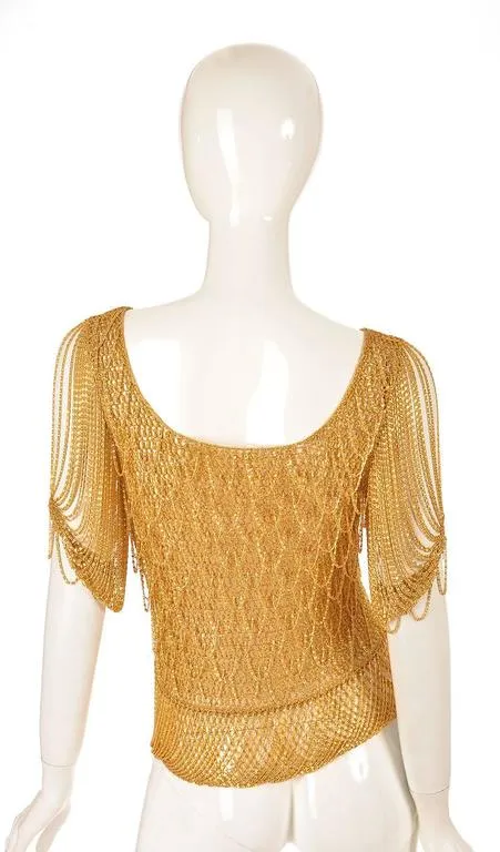 1970s Loris Azzaro Gold Beaded Knit Body Jewelry Sweater Blouse