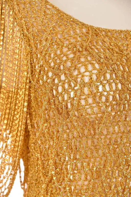 1970s Loris Azzaro Gold Beaded Knit Body Jewelry Sweater Blouse