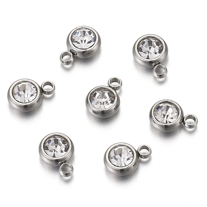 20 PCS/Package 6 * 8mm Hole 1~1.9mm Stainless Steel Rhinestones Round Polished Pendant