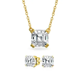 2CT Square Asscher Cut AAA CZ Solitaire Pendant Earrings Sterling