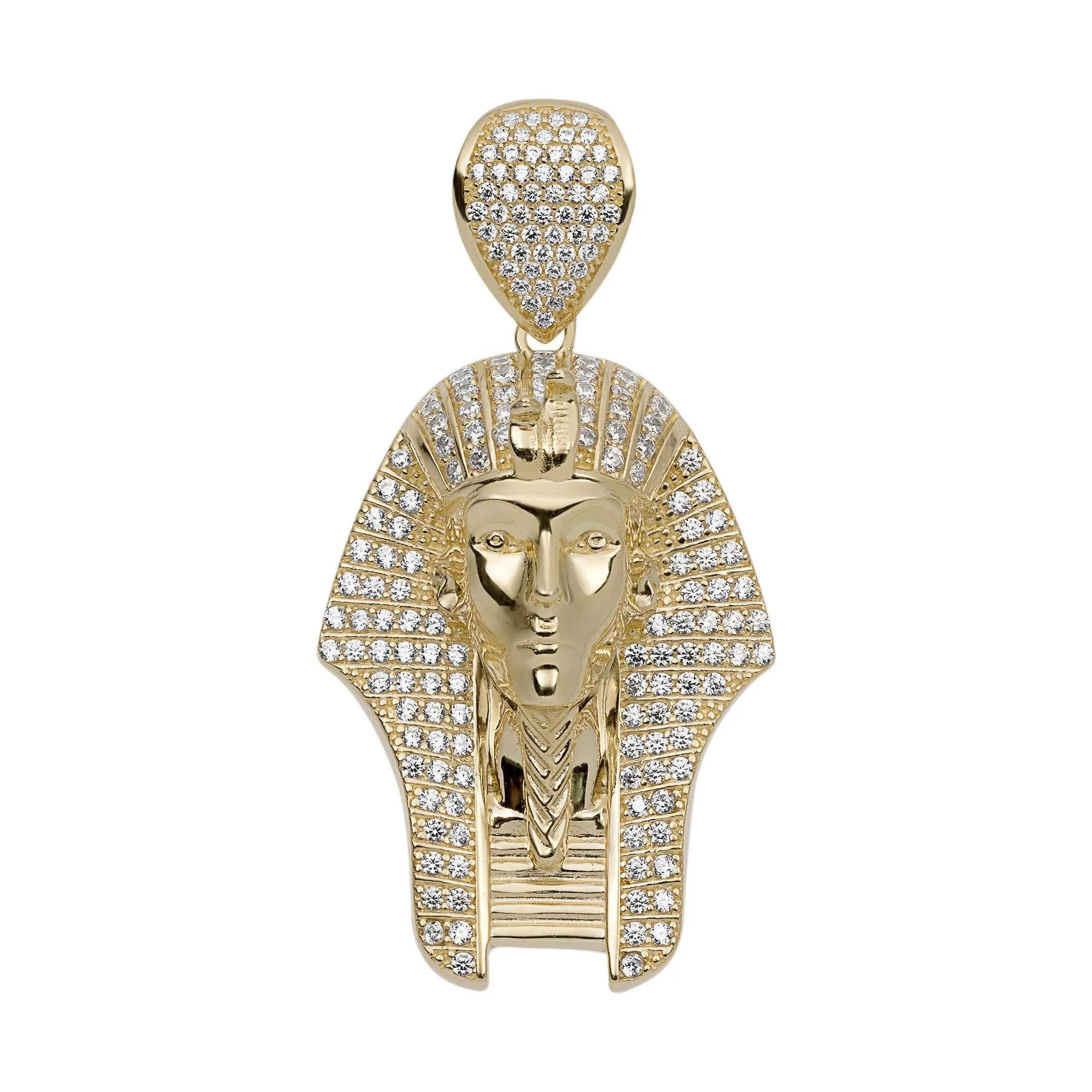 2" CZ Pharaoh Egyptian King Pendant 14K Yellow Gold