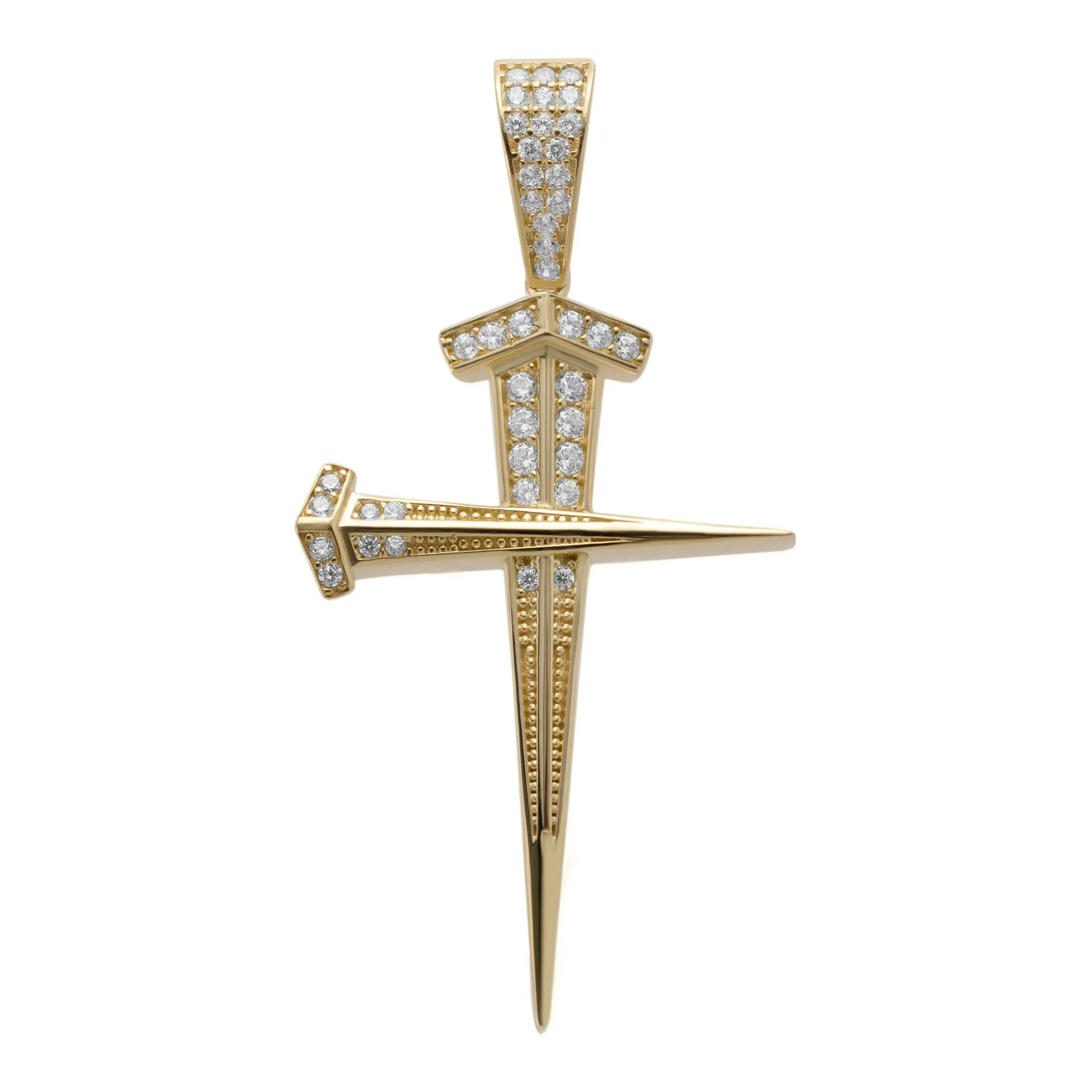 2" CZ Screw Nail Cross Pendant 14K Yellow Gold