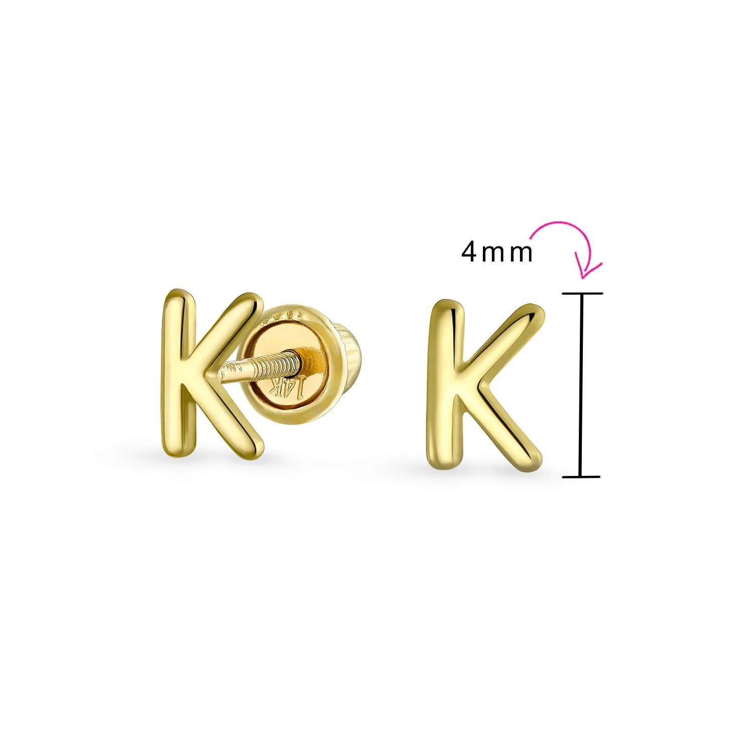 ABC 14K Gold Alphabet Initial Stud Earrings with Safety Ball Screw Back