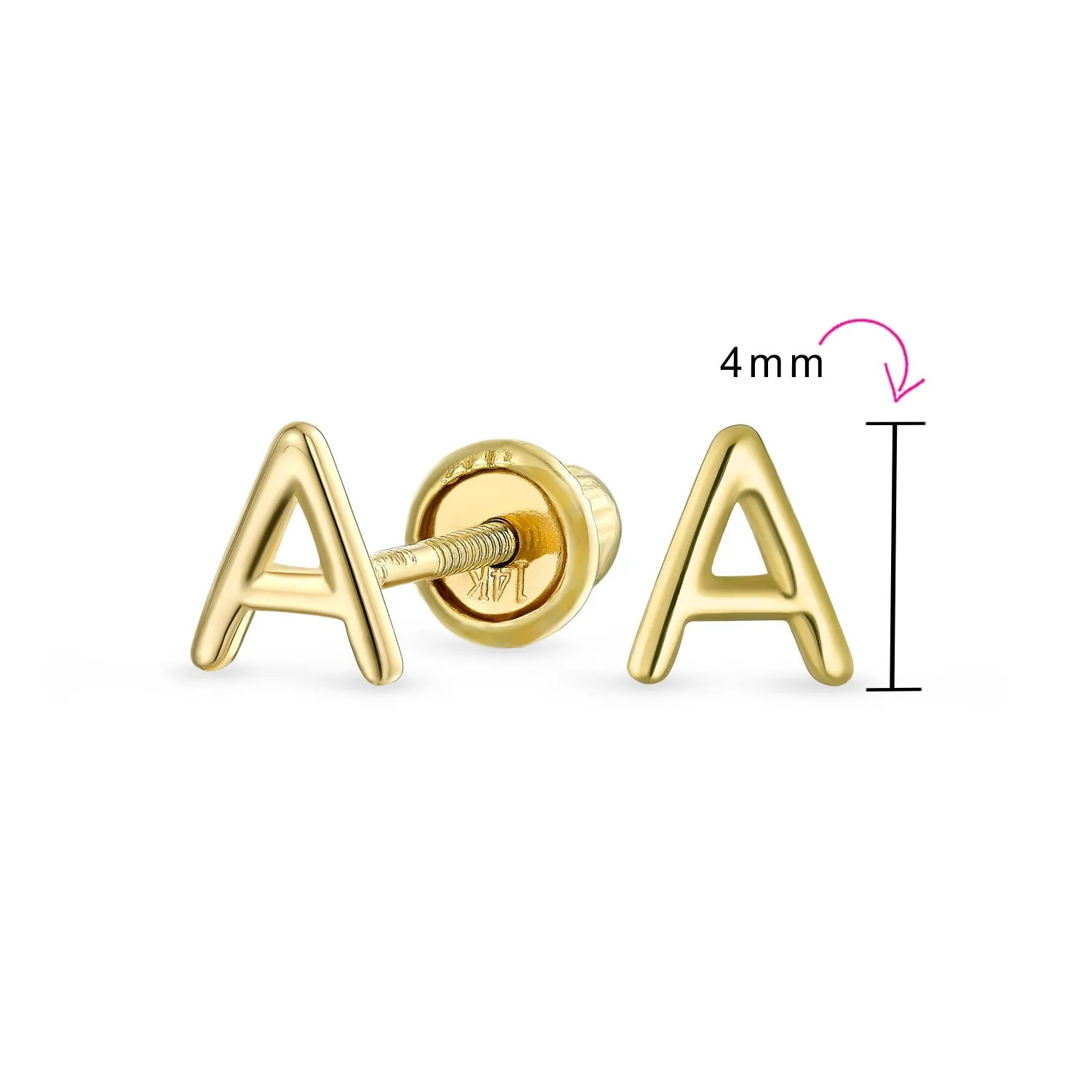 ABC 14K Gold Alphabet Initial Stud Earrings with Safety Ball Screw Back