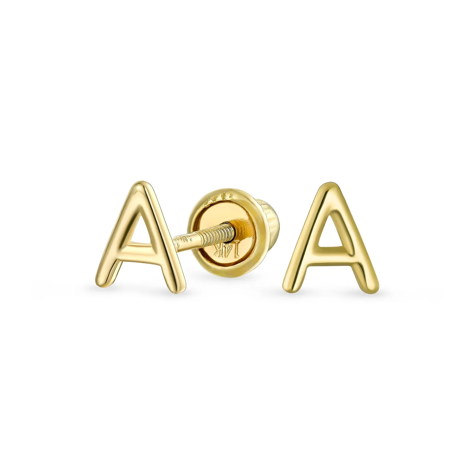 ABC 14K Gold Alphabet Initial Stud Earrings with Safety Ball Screw Back