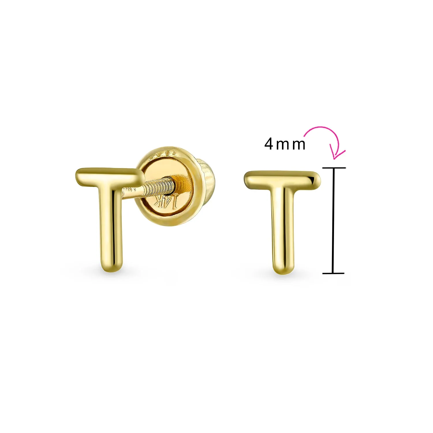 ABC 14K Gold Alphabet Initial Stud Earrings with Safety Ball Screw Back