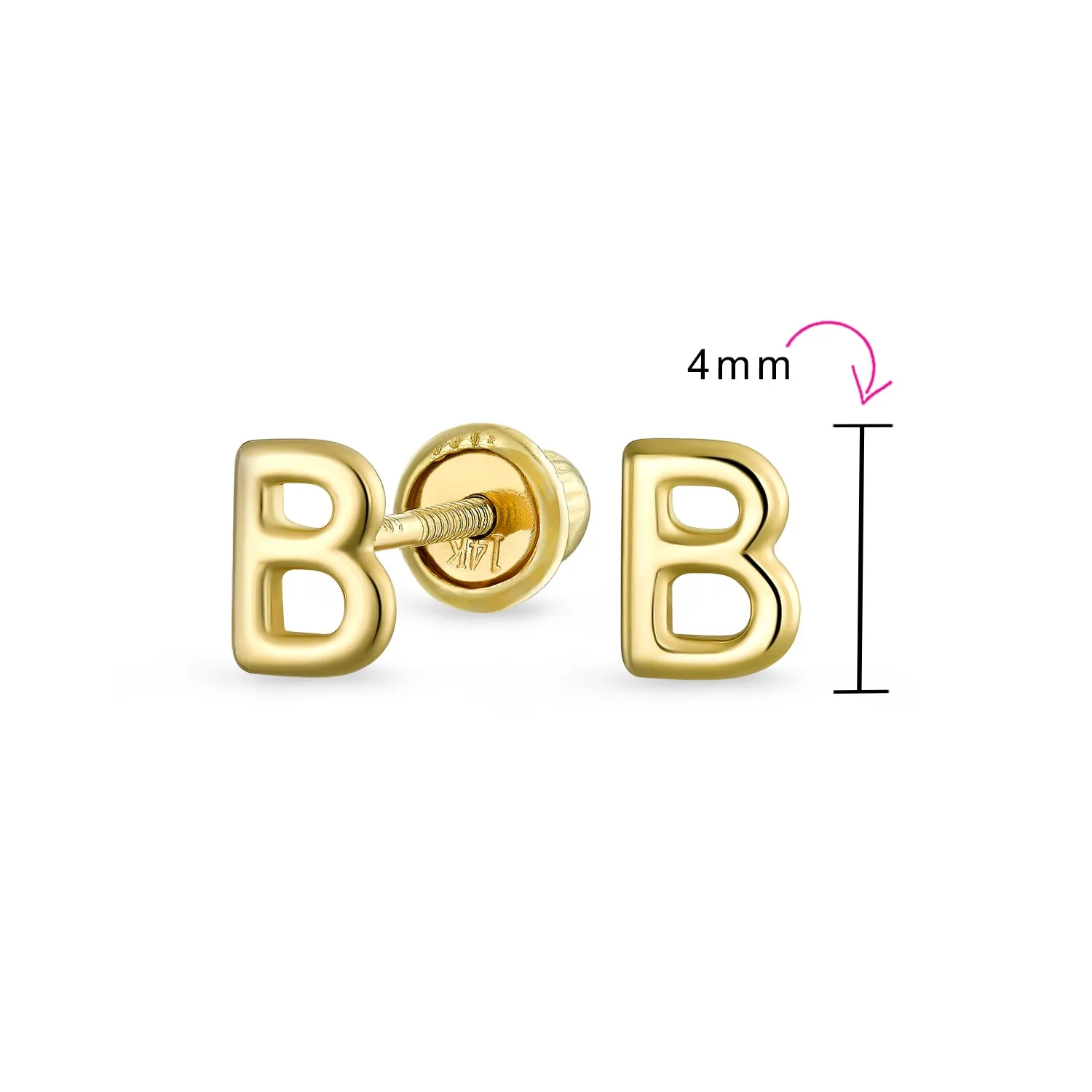 ABC 14K Gold Alphabet Initial Stud Earrings with Safety Ball Screw Back