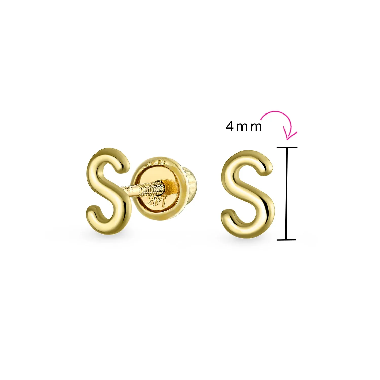 ABC 14K Gold Alphabet Initial Stud Earrings with Safety Ball Screw Back