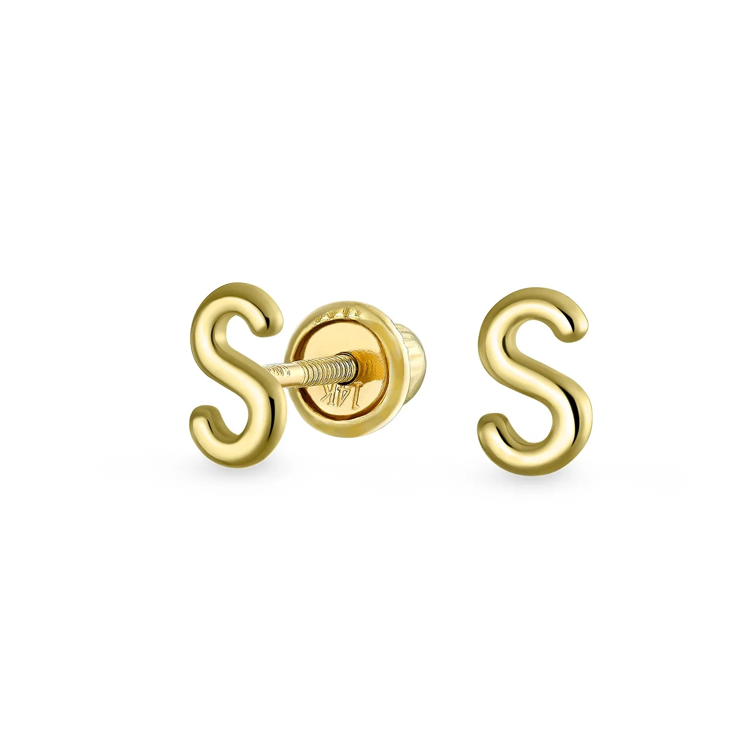 ABC 14K Gold Alphabet Initial Stud Earrings with Safety Ball Screw Back