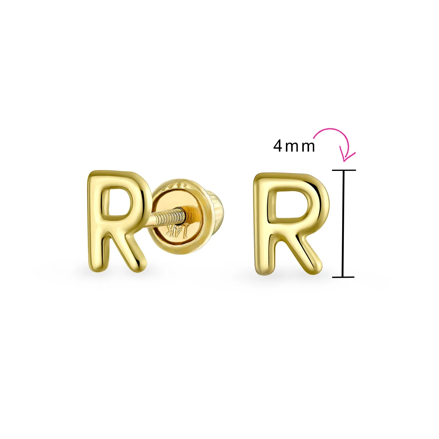 ABC 14K Gold Alphabet Initial Stud Earrings with Safety Ball Screw Back