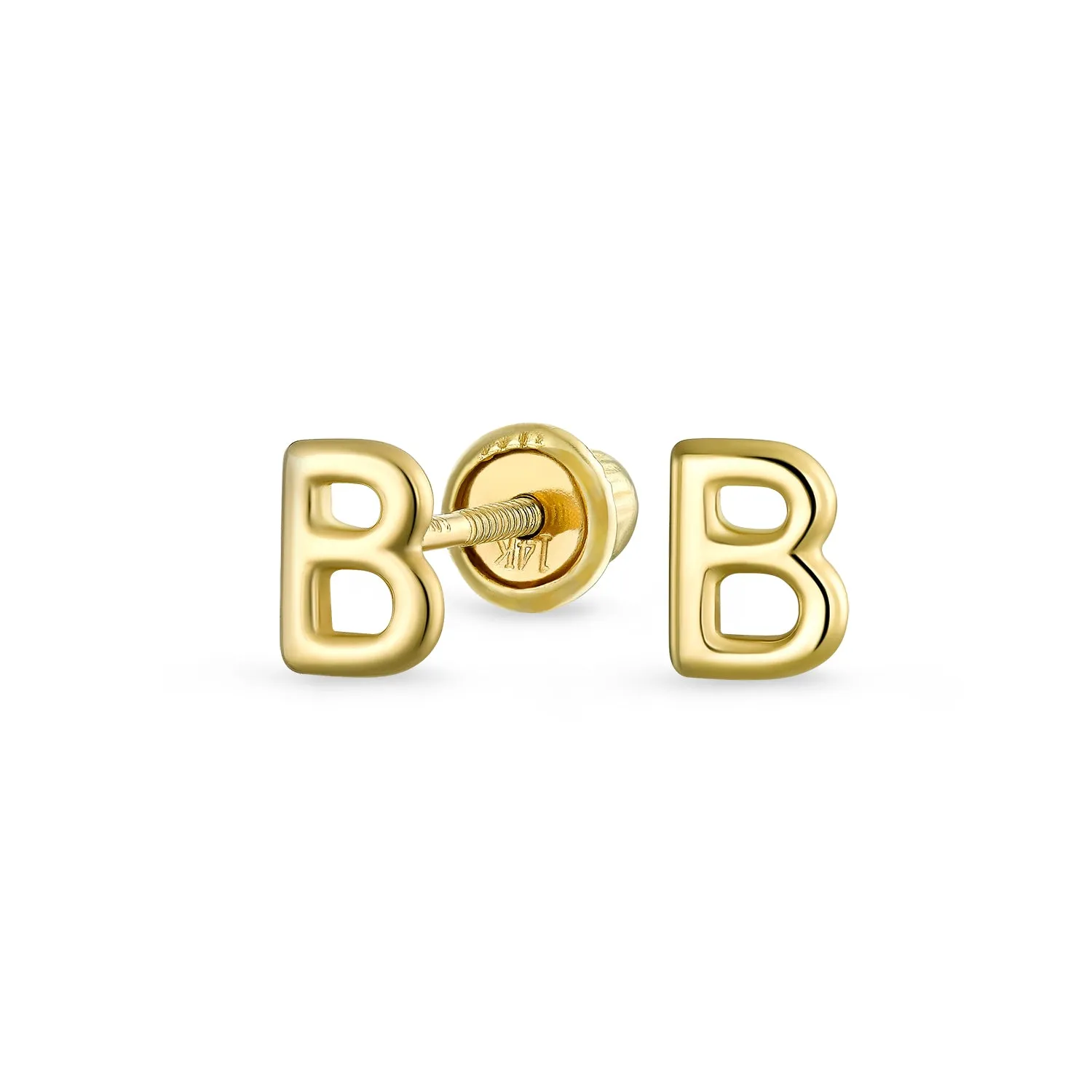 ABC 14K Gold Alphabet Initial Stud Earrings with Safety Ball Screw Back