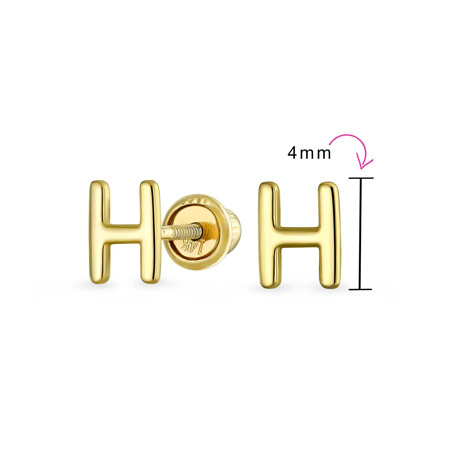 ABC 14K Gold Alphabet Initial Stud Earrings with Safety Ball Screw Back