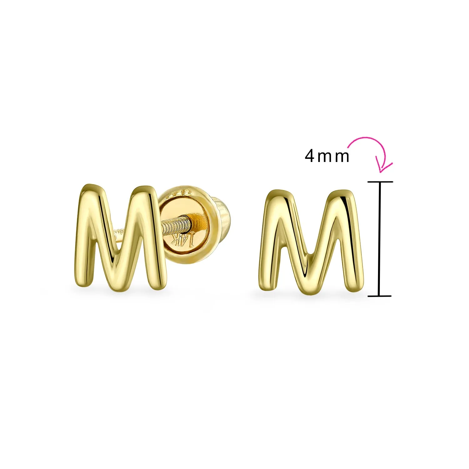 ABC 14K Gold Alphabet Initial Stud Earrings with Safety Ball Screw Back