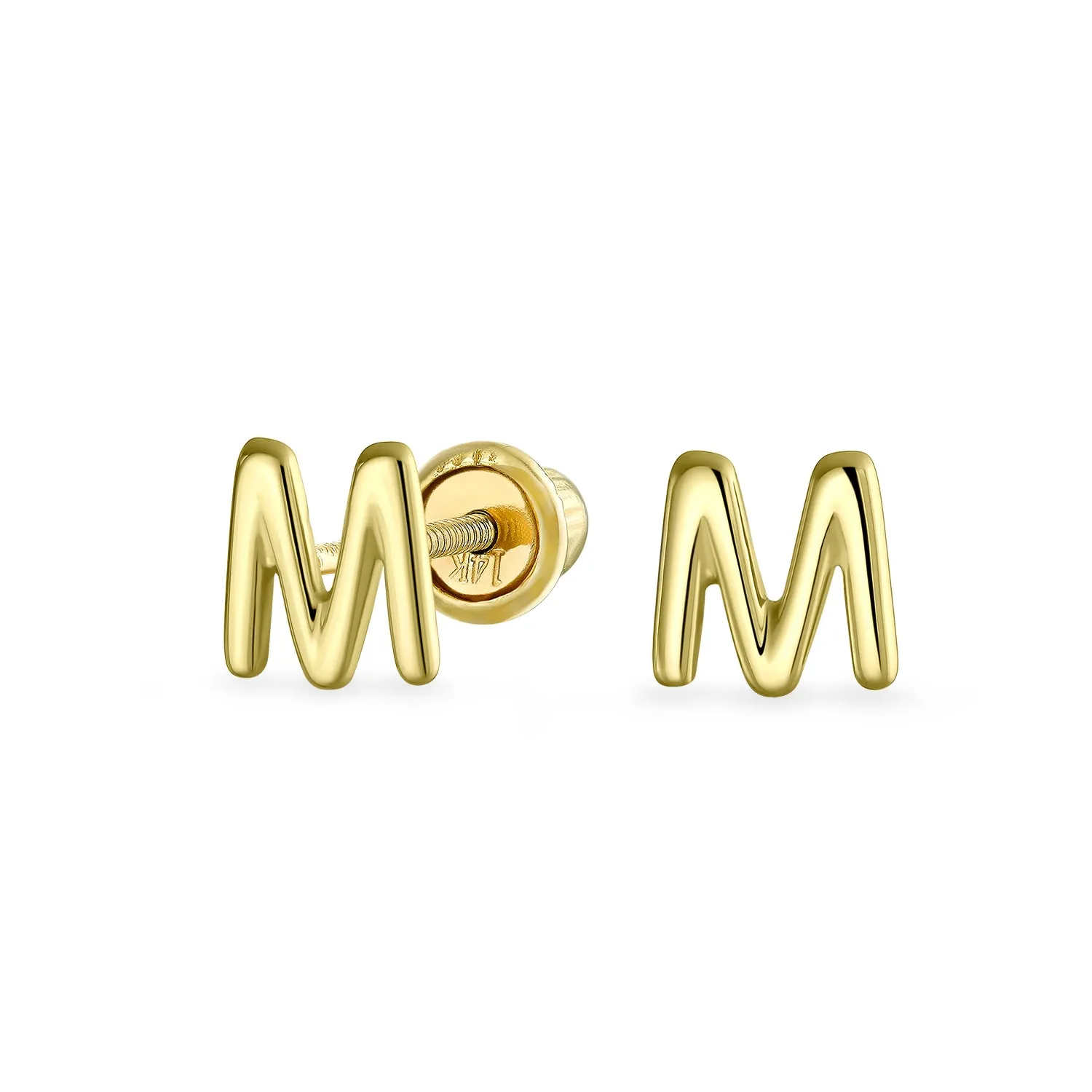 ABC 14K Gold Alphabet Initial Stud Earrings with Safety Ball Screw Back