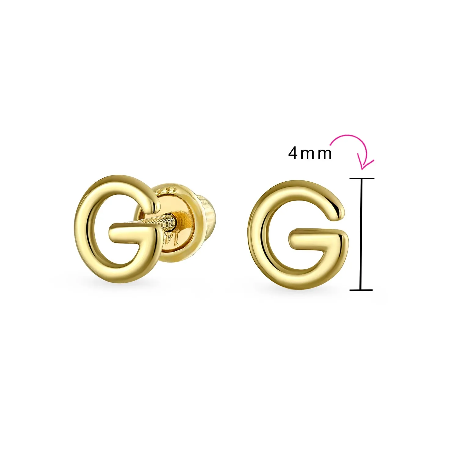 ABC 14K Gold Alphabet Initial Stud Earrings with Safety Ball Screw Back