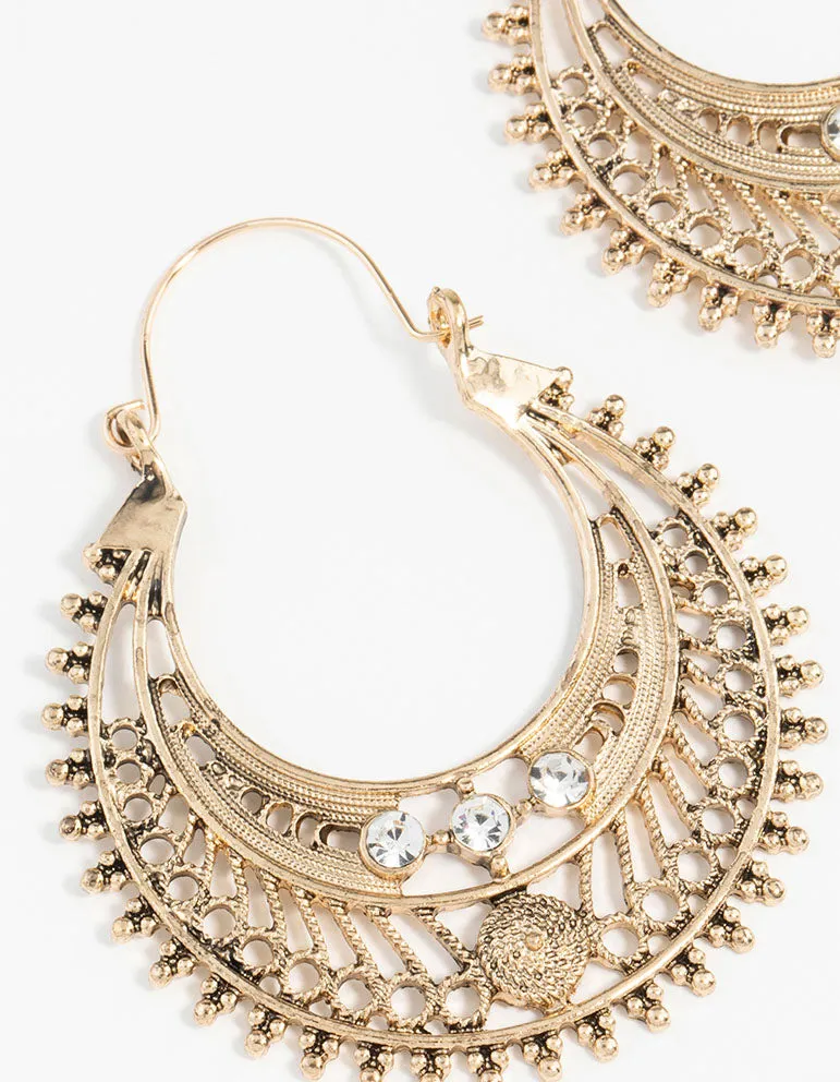 Antique Gold Detailed Hoop Chandbali Earrings