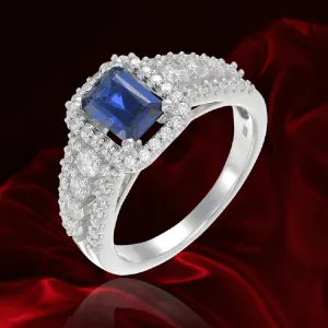 Blue Sapphire Cushion Cut and Pave Ring