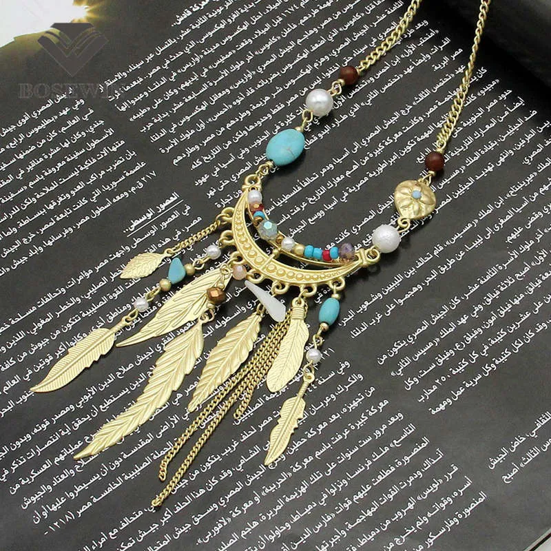 Bohemia Leaves Tassel Long Necklace For Women New Jewelry Matt gold Chain Bead Simple Necklaces & Pendants Collier