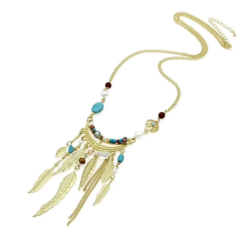 Bohemia Leaves Tassel Long Necklace For Women New Jewelry Matt gold Chain Bead Simple Necklaces & Pendants Collier