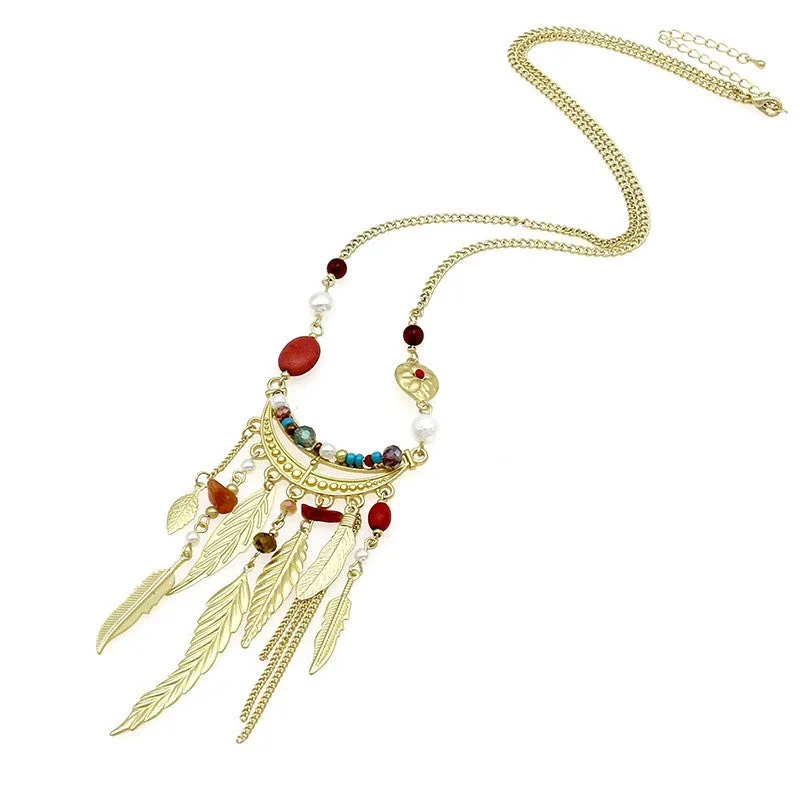 Bohemia Leaves Tassel Long Necklace For Women New Jewelry Matt gold Chain Bead Simple Necklaces & Pendants Collier