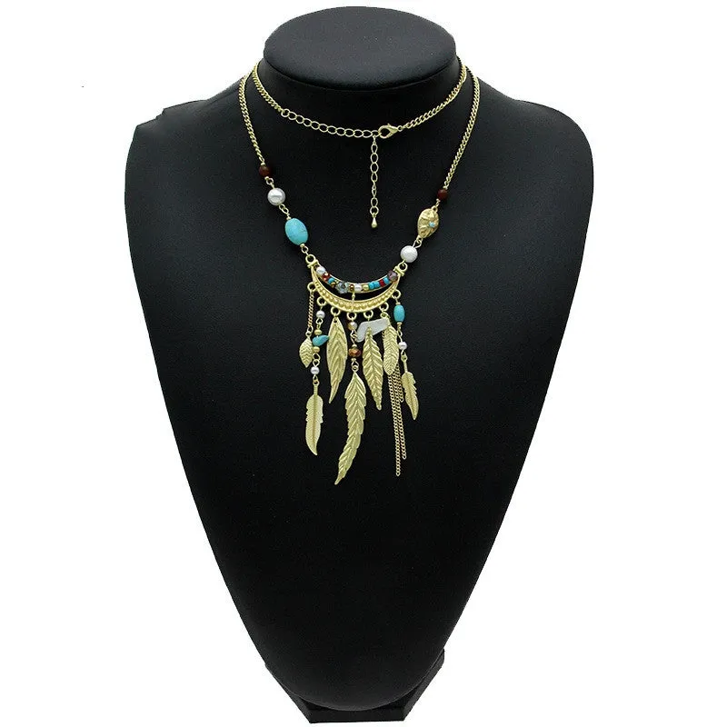 Bohemia Leaves Tassel Long Necklace For Women New Jewelry Matt gold Chain Bead Simple Necklaces & Pendants Collier