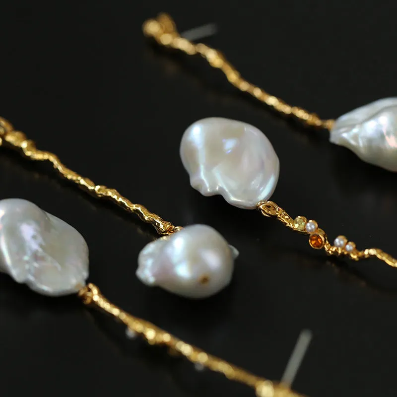 Branch Baroque Pearl Long Drop Earrings-With Diamond