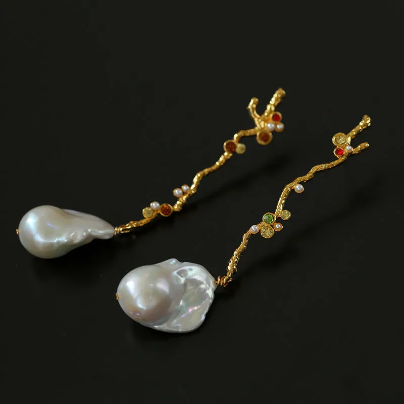 Branch Baroque Pearl Long Drop Earrings-With Diamond