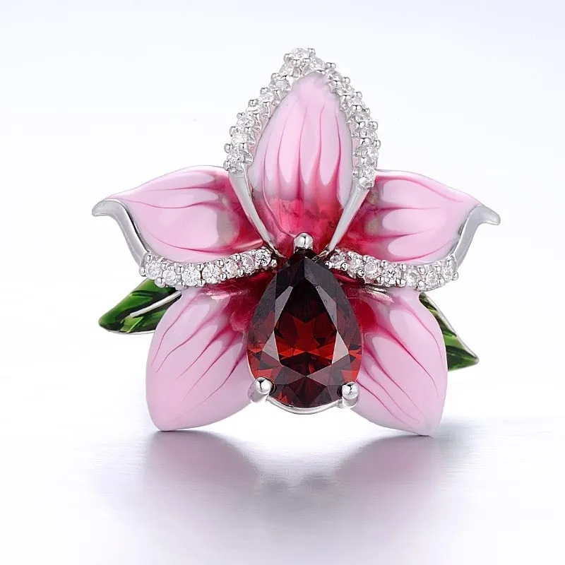 Chinese Jewelry Classic Flower Enamel Ring for Women with Zircon in Silver Color