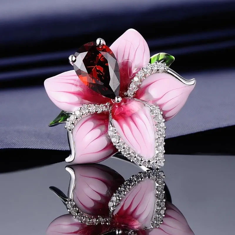 Chinese Jewelry Classic Flower Enamel Ring for Women with Zircon in Silver Color