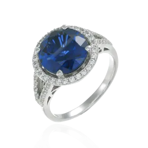 Classic Round Blue Sapphire Ring with Halo