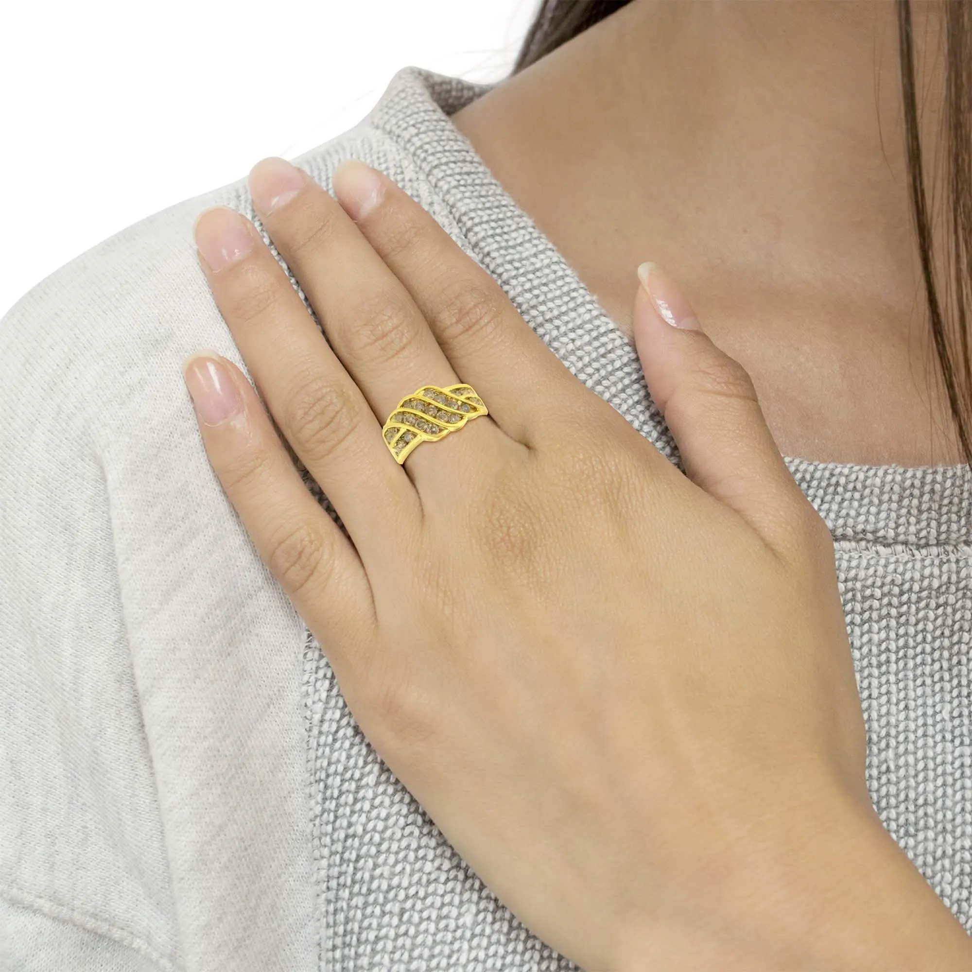 Elegant 10K Gold Plated Sterling Silver Diamond Wave Ring