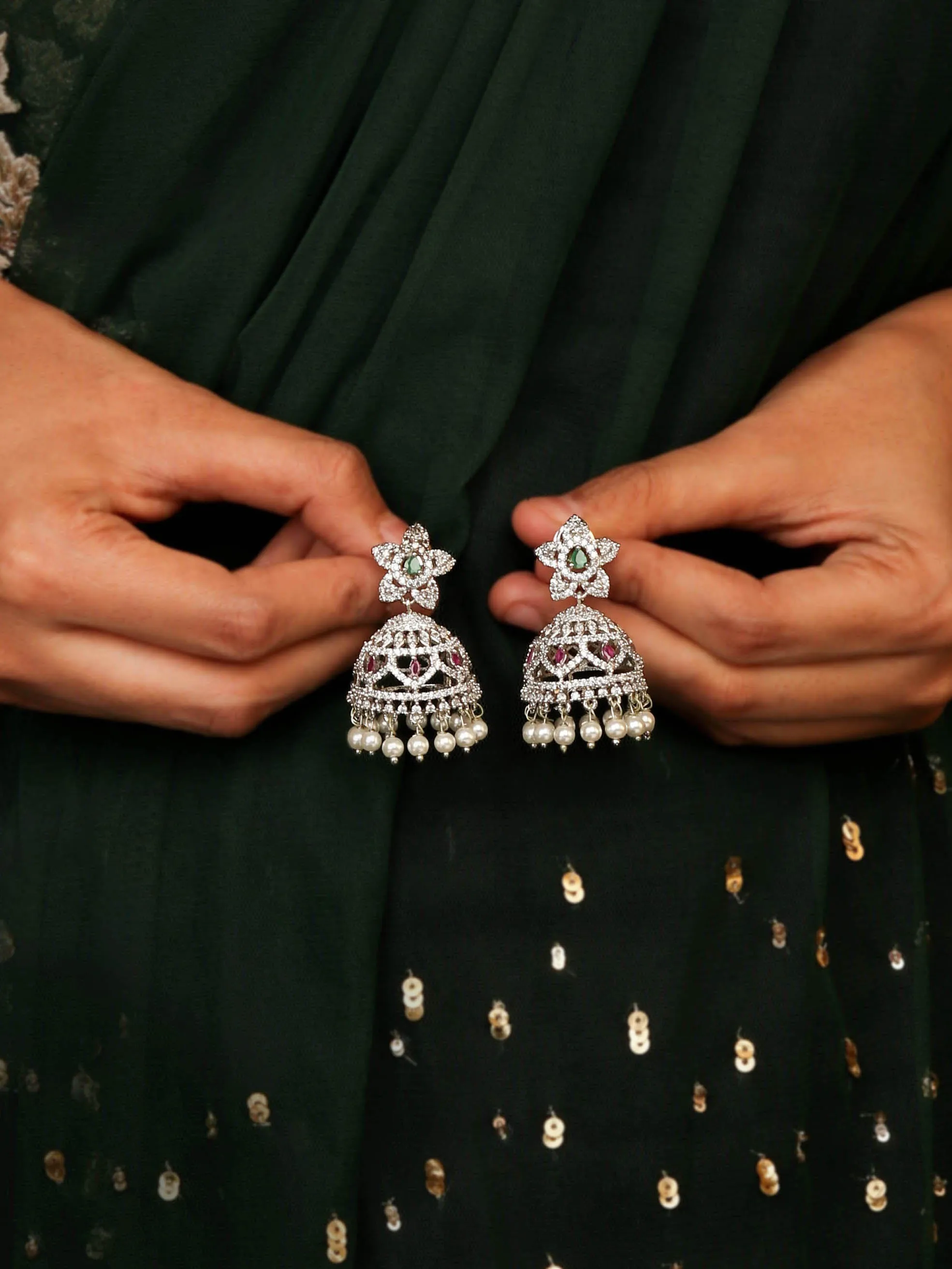 Exclusive Rhodium Plated Flower Shaped Jhumka Studded With CZ Stones