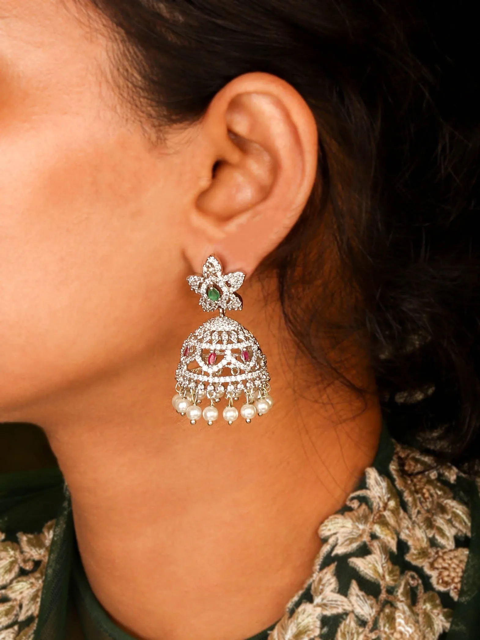 Exclusive Rhodium Plated Flower Shaped Jhumka Studded With CZ Stones